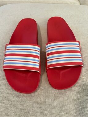 Olukai women's red slide sandals with vibrant striped straps, W11, NWOT
